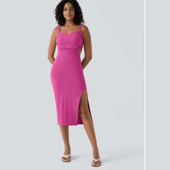 Halara Ruched Lace Up Bodycon Midi Casual Dress - Picture 1 of 7